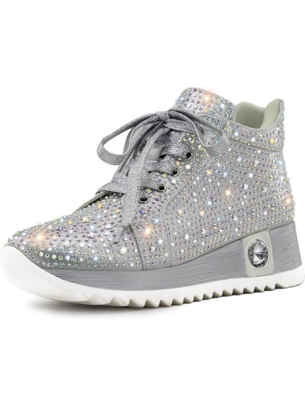Women's Silver Platform Wedge Sparkly Rhinestone High Top Glitter Sneakers